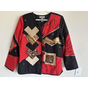 Indigo Moon Patchwork Art Jacket Women's Small Red Black Embroidered